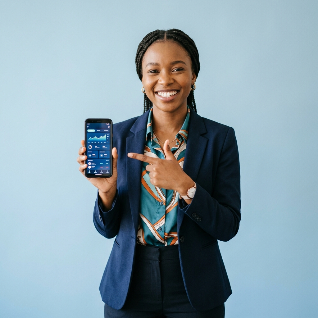 Cheerful African lady pointing to phone